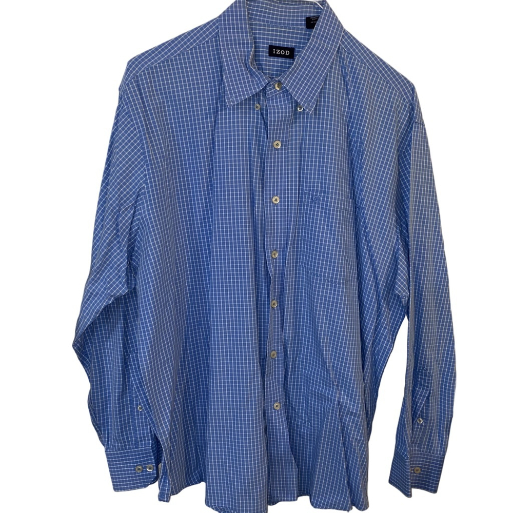 Men's IZOD Blue & White Plaid Casual Button Down Shirt XL 100% Cotton